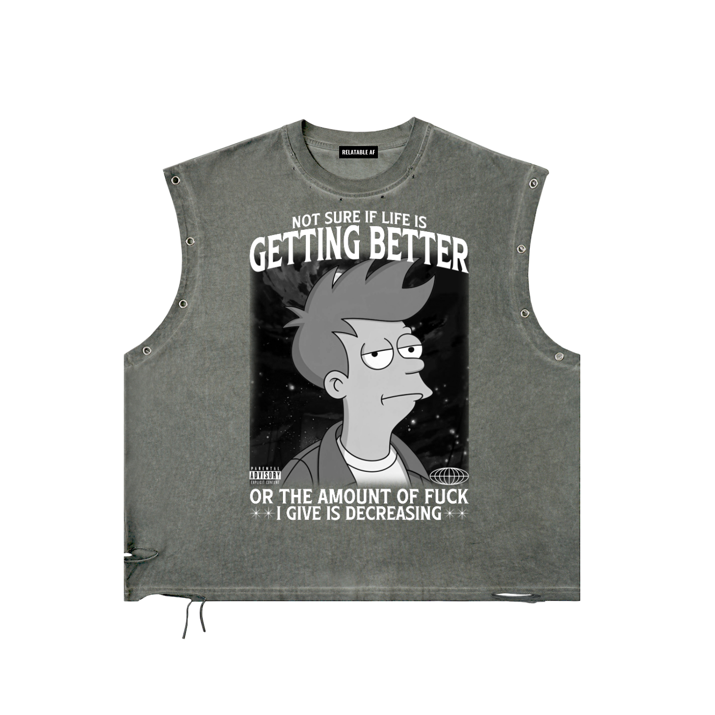Not Sure If Life Is Getting Better or The Amount of Fucks I Give Is Decreasing Distressed Grommet Eyelet Tank Top